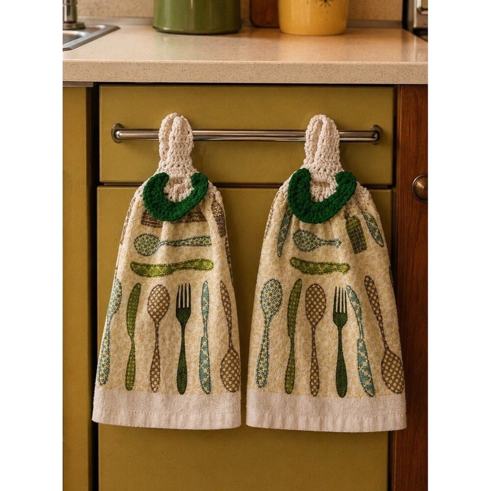 Set Of 2 Hanging Kitchen Towels Crochet Top Spoon Fork Farmhouse Decor Rustic
